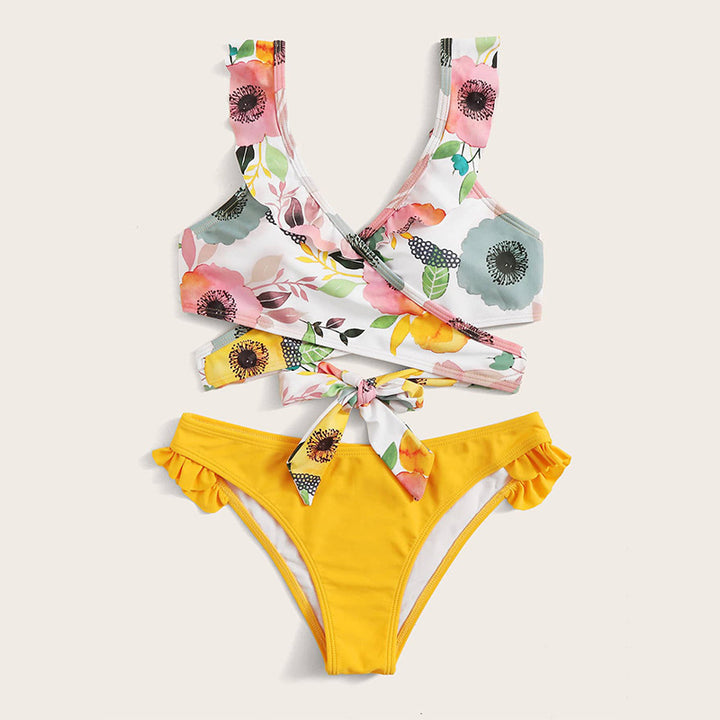 Damen Zweiteiliges Blumen-Bikini-Set mit tailliertem Oberteil und Rüschenslip Echo Archiv