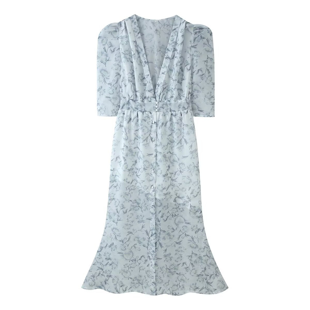 Damen Chiffon-Midikleid mit floraler Allover‑Optik, V‑Ausschnitt und geraffter Taille Echo Archiv