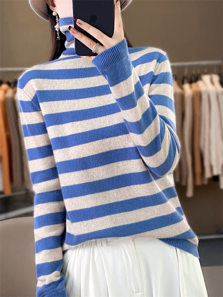 Damen Lässiger gestreifter Rollkragenpullover aus Wollmix mit legerer Passform Echoarchiv