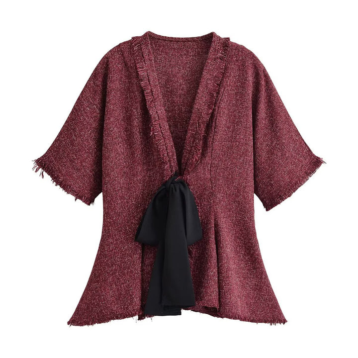 Damen Tweed-Kimonojacke mit Fransenbesatz und dekorativem Bindeschal Echo Archiv