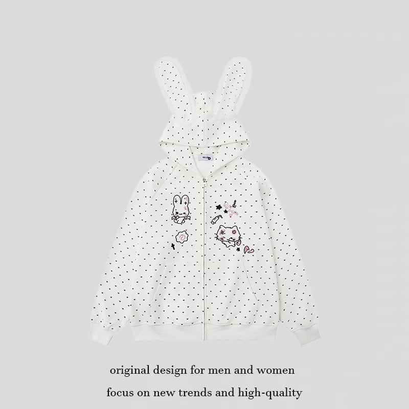 Damen Kapuzensweatjacke im Cozy-Kawaii‑Stil mit 3D-Ohren, Allover-Pünktchen und Frontreißverschluss Echoarchiv