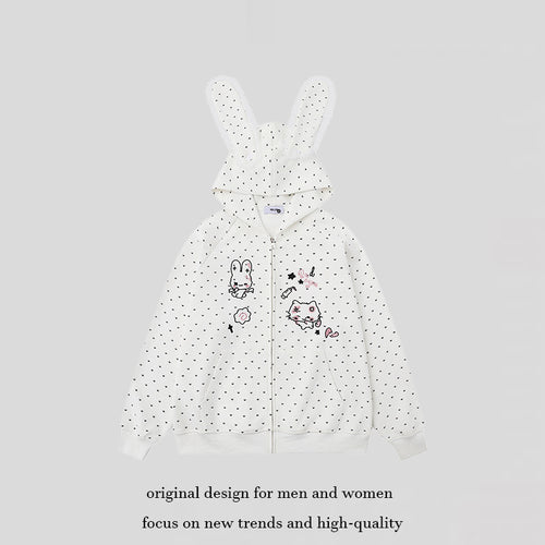 Damen Kapuzensweatjacke im Cozy-Kawaii‑Stil mit 3D-Ohren, Allover-Pünktchen und Frontreißverschluss Echoarchiv