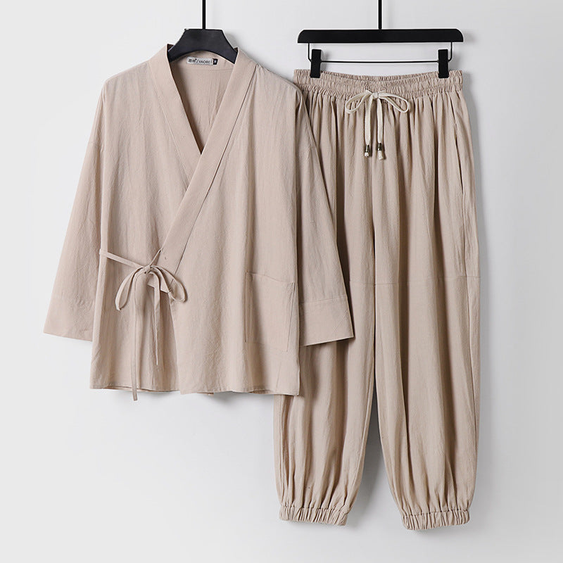 Unisex Entspanntes Kimono-Set mit Wickeljacke, dreiviertelärmeln und elastischer Kordelharemshose Echoarchiv