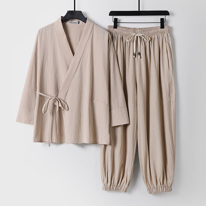 Unisex Entspanntes Kimono-Set mit Wickeljacke, dreiviertelärmeln und elastischer Kordelharemshose Echoarchiv