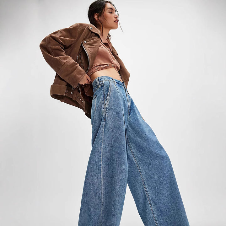 Damen nan hochgeschnittene Denim-Palazzohose mit markanten Bundfalten und extra weitem Bein Echo Archiv
