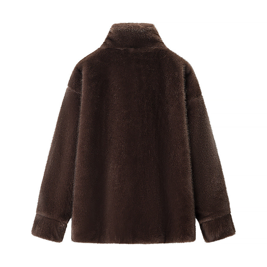 Damen Oversize Teddy-Fleece-Pullover mit halbem Reißverschluss und großer Klappentasche Echo Archiv