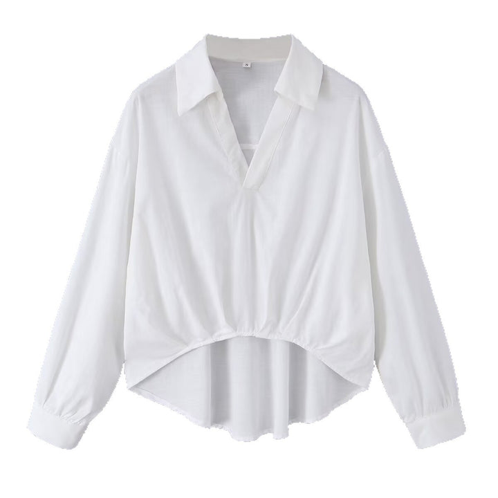 Damen Weite Bluse mit V‑Ausschnitt, Hemdkragen und gerafftem Hoch-Tief-Saum Echo Archiv