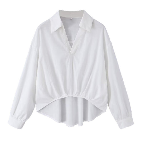 Damen Weite Bluse mit V‑Ausschnitt, Hemdkragen und gerafftem Hoch-Tief-Saum Echo Archiv