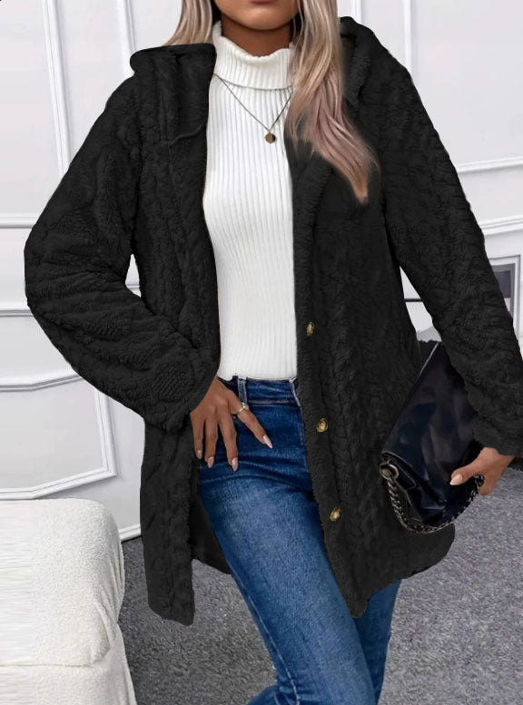 Damen Oversize Strickmantel mit Kapuze, Jacquard‑Struktur und Knopfleiste – Veloura