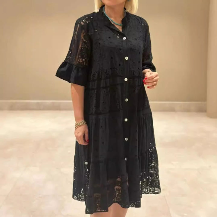 Damen nan Hemdblusen-Midikleid mit Spitzen-Einsätzen, Stufenrock und durchgehender Knopfleiste Echo Archiv