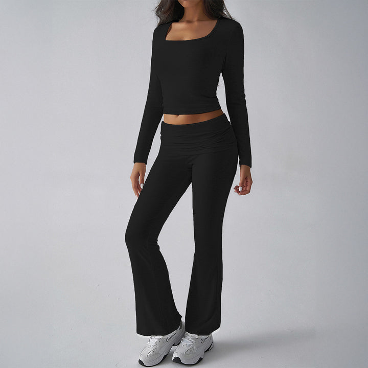Damen figurbetontes Cropped-Set mit langärmeligem Top mit quadratischem Ausschnitt und ausgestellter High‑Waist Yoga-Hose – Avérine