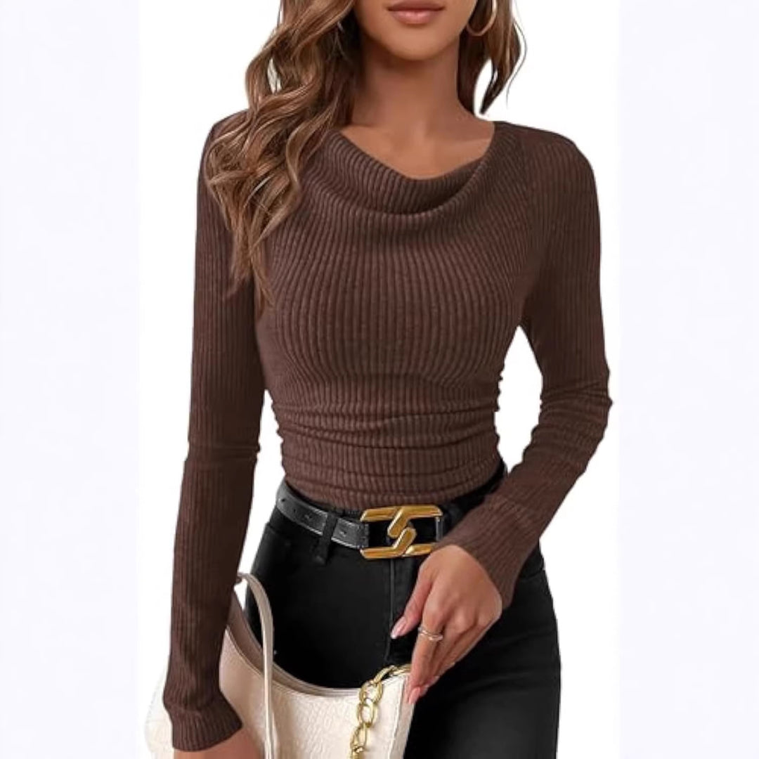 Damen Figurbetontes Feinripp-Longsleeve mit asymmetrischem Wasserfallkragen – Avérine