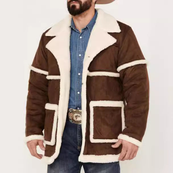 Herren Lammfell-gefütterte Bikerjacke mit breitem Kragen und praktischen Taschen Echoarchiv