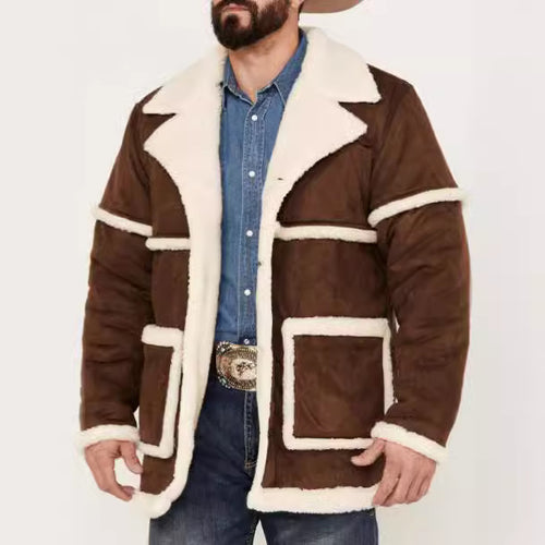 Herren Lammfell-gefütterte Bikerjacke mit breitem Kragen und praktischen Taschen Echoarchiv