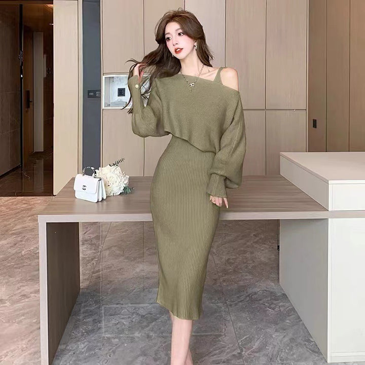 Damen Elegantes Strickkleid mit V-Ausschnitt und passendem Cardigan Echo Archiv