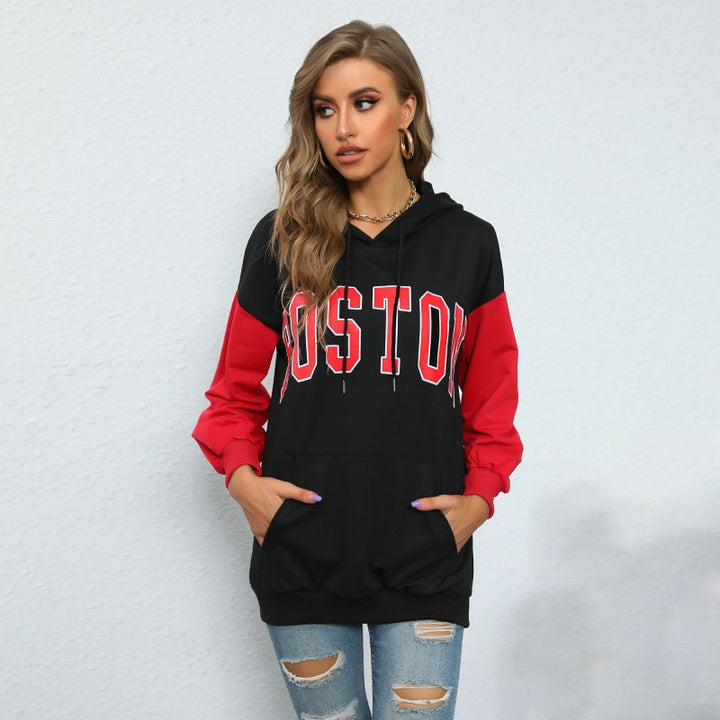 Damen Oversize Kapuzenpullover mit Blockingärmeln und Boston-Frontprint Echoarchiv
