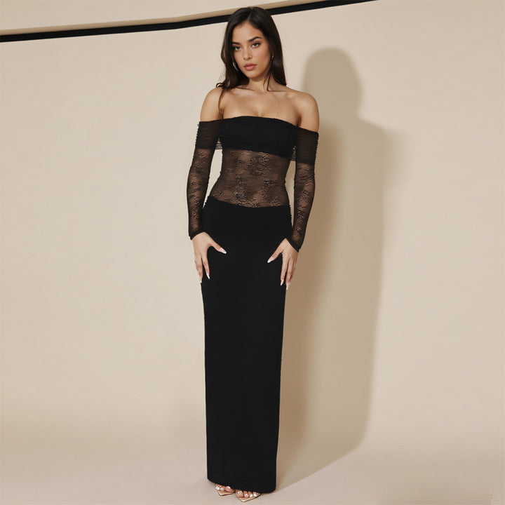 Damen schulterfreies Abendkleid mit Spitzenärmeln und langer Silhouette Echo Archiv