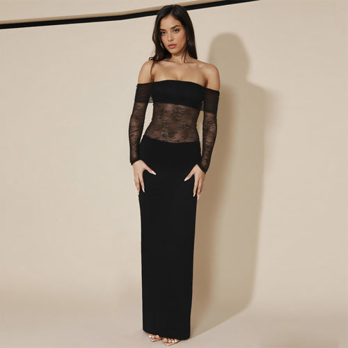 Damen schulterfreies Abendkleid mit Spitzenärmeln und langer Silhouette Echo Archiv