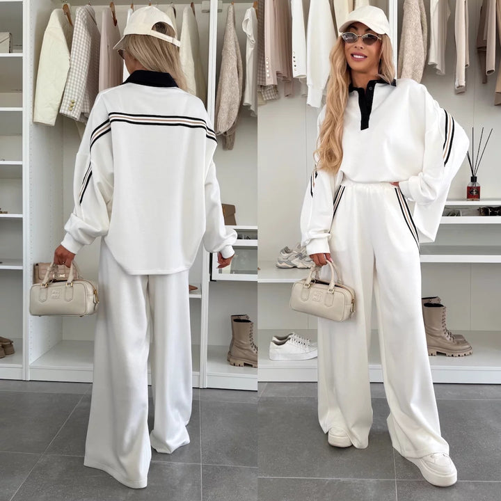 Damen modisches Relax-Set mit Polokragen, markanten Paspelstreifen und weitem Palazzo-Jogger – Élanora