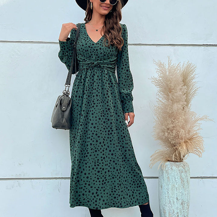 Damen Midikleid im Retro-Pünktchen-Design mit Wickeloptik, V-Ausschnitt und tailliertem Bindegürtel Echoarchiv