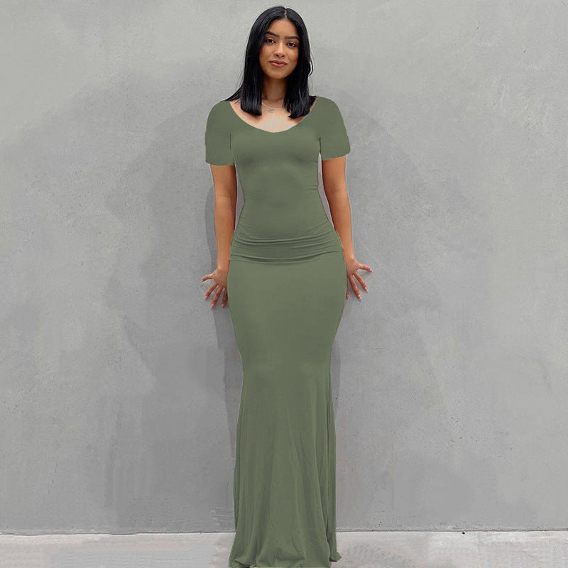 Damen Körperbetontes Maxi‑Jerseykleid mit taillierter Drapierung, langen Ärmeln und ausgestelltem Saum – Valéora