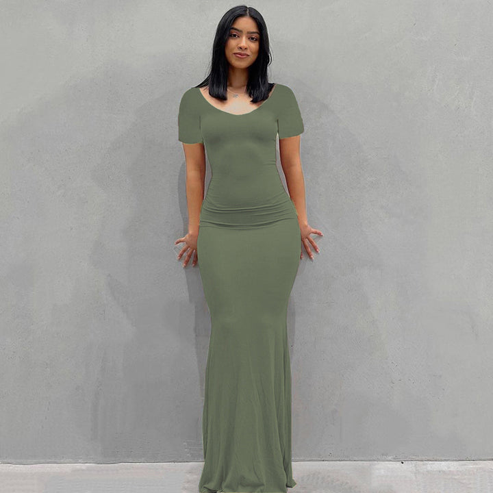 Damen Körperbetontes Maxi‑Jerseykleid mit taillierter Drapierung, langen Ärmeln und ausgestelltem Saum – Valéora