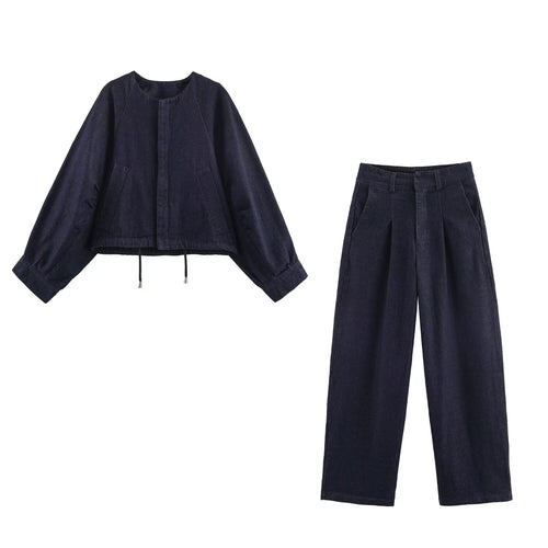 Damen Oversized Cropped Denim-Jacke mit Tunnelzug, Raglanärmeln und verdeckter Druckknopfleiste Echo Archiv