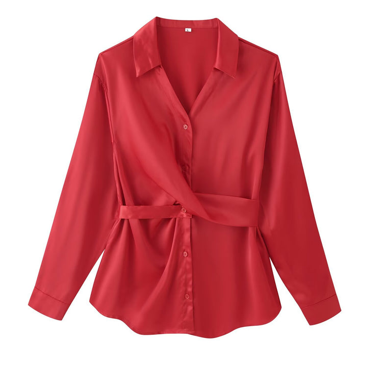 Damen Bluse mit Taillengürtel, V-Ausschnitt und langen Ärmeln Echo Archiv