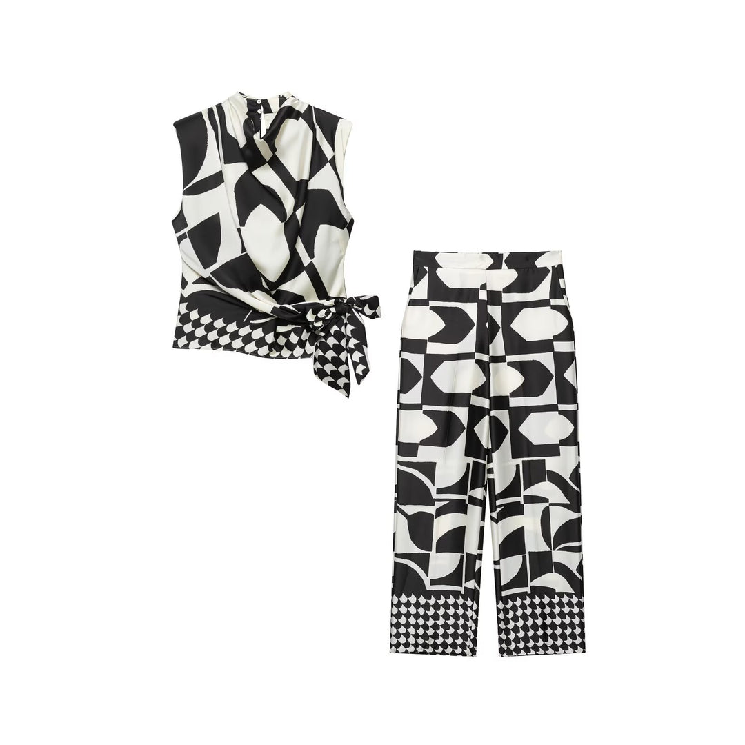 Damen Weite Palazzohose mit hoher Taille, Mittelfalte und grafischem Blockprint Echo Archiv