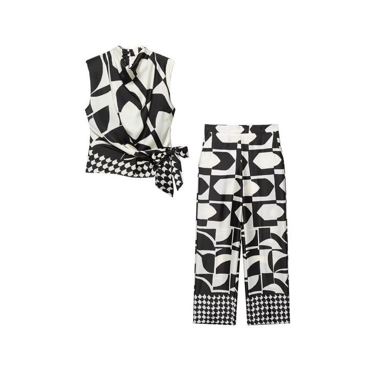 Damen Weite Palazzohose mit hoher Taille, Mittelfalte und grafischem Blockprint Echo Archiv
