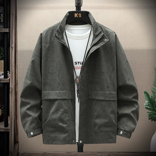 Herren leichte Overshirt-Utility-Jacke mit Allover-Print, Stehkragen & verdecktem Reißverschluss Echoarchiv
