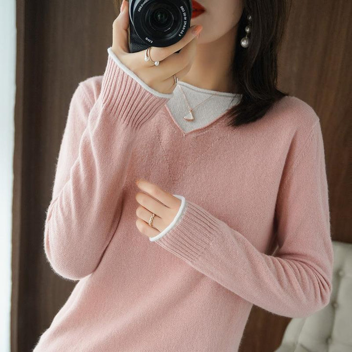 Damen Weicher V‑Ausschnitt-Pullover aus Kaschmir‑Look mit kontrastierter Kantenverzierung Echoarchiv
