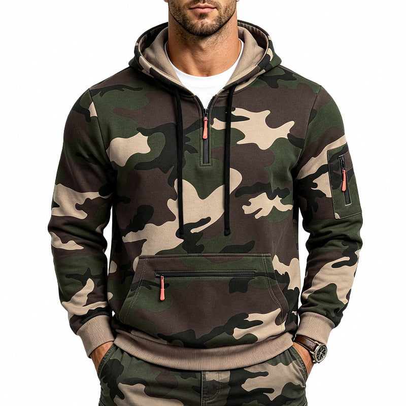 Herren Kapuzenpullover mit Tarnmuster, Reißverschlusstaschen und Kängurutasche Echoarchiv