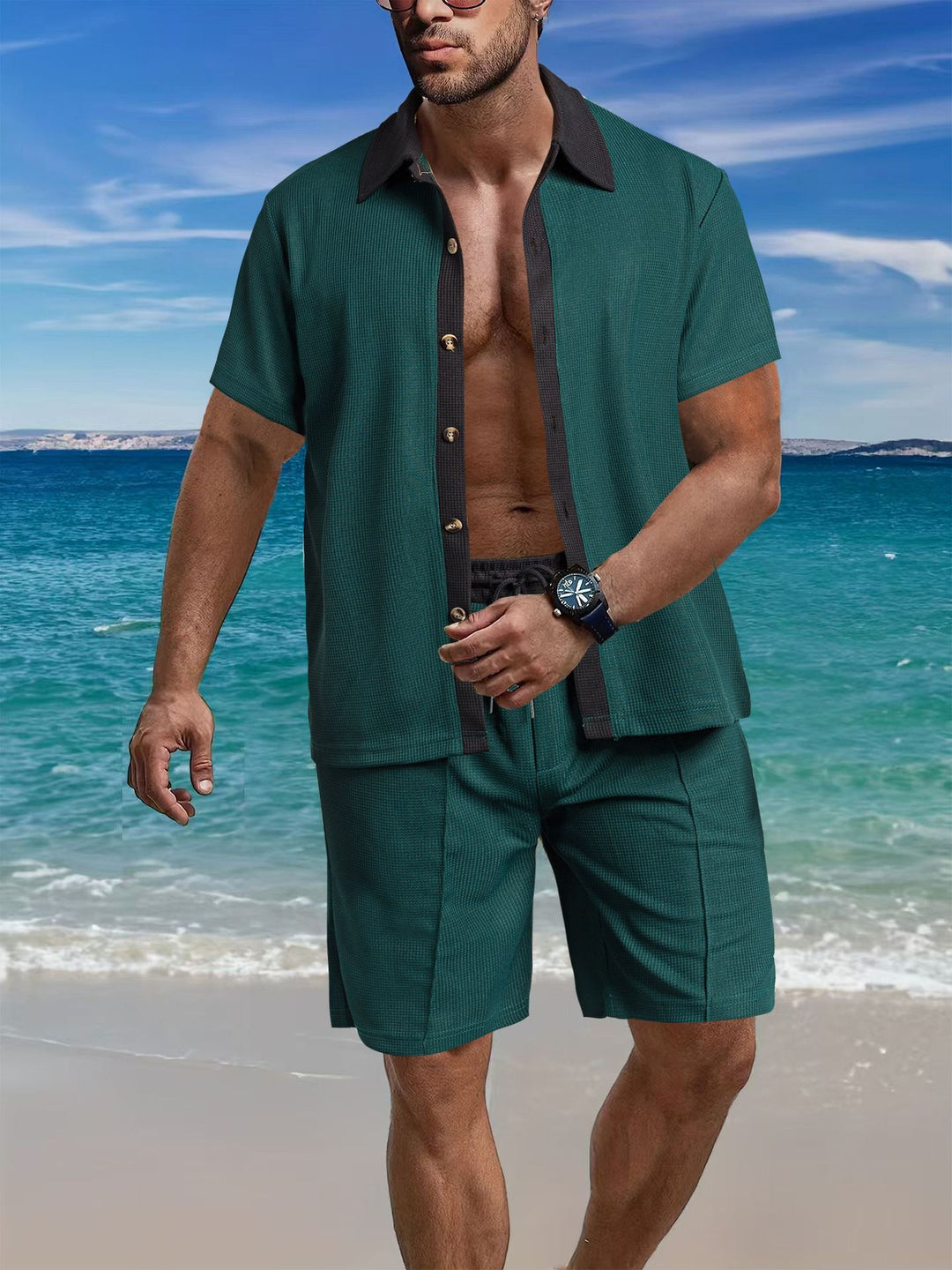 Herren lässiges Kurzarm-Hemd und Shorts-Set aus leichtem Gewebe Echoarchiv