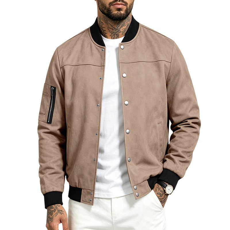 Herren Veloursleder‑Optik Bomberjacke mit Druckknopfleiste, Ärmeltasche und Rippbündchen – Brevano