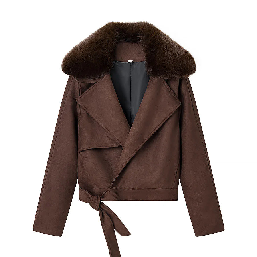 Damen nan kurze Veloursoptik-Jacke mit breitem Teddykragen und Bindegürtel Echo Archiv