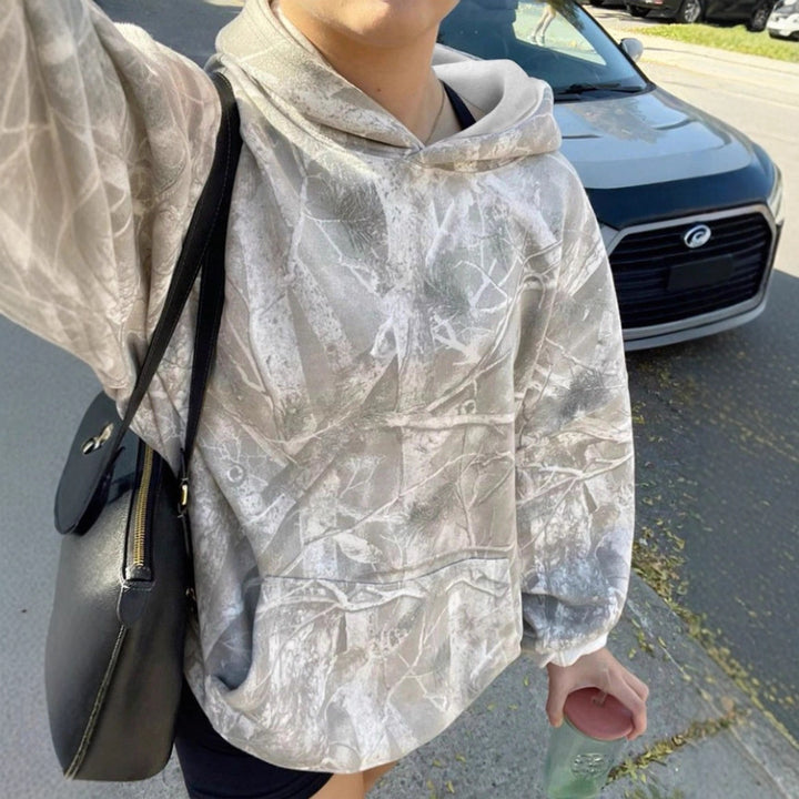 Damen Oversize Kapuzenpullover mit Naturmuster und Kängurutasche Echoarchiv