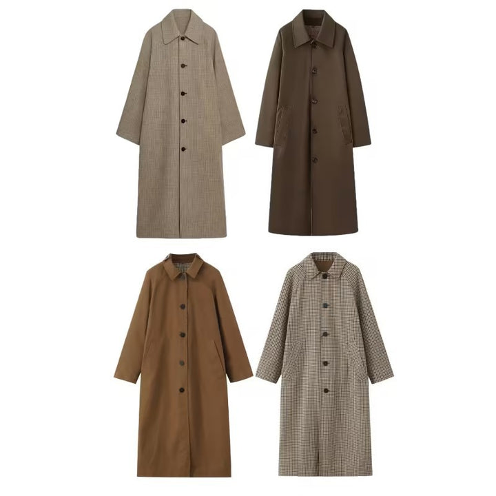 Damen langer minimalistischer Trenchcoat mit kariertem Innenfutter Echo Archiv