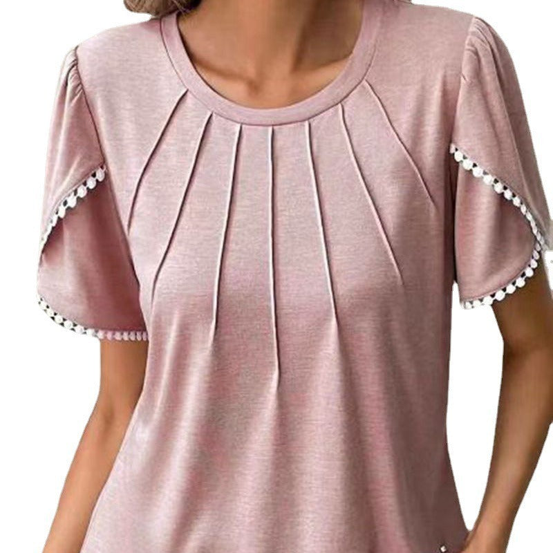 Damen nan Rundhals-Shirt mit dekorativer Kellerfalten-Front, Flatterärmeln und Pompon-Borte Echo Archiv