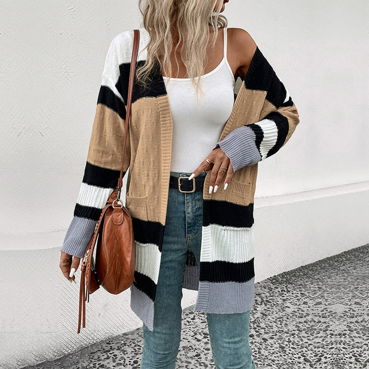 Damen Langer Gestreifter Strickcardigan mit aufgesetzten Taschen und offener Front Echoarchiv