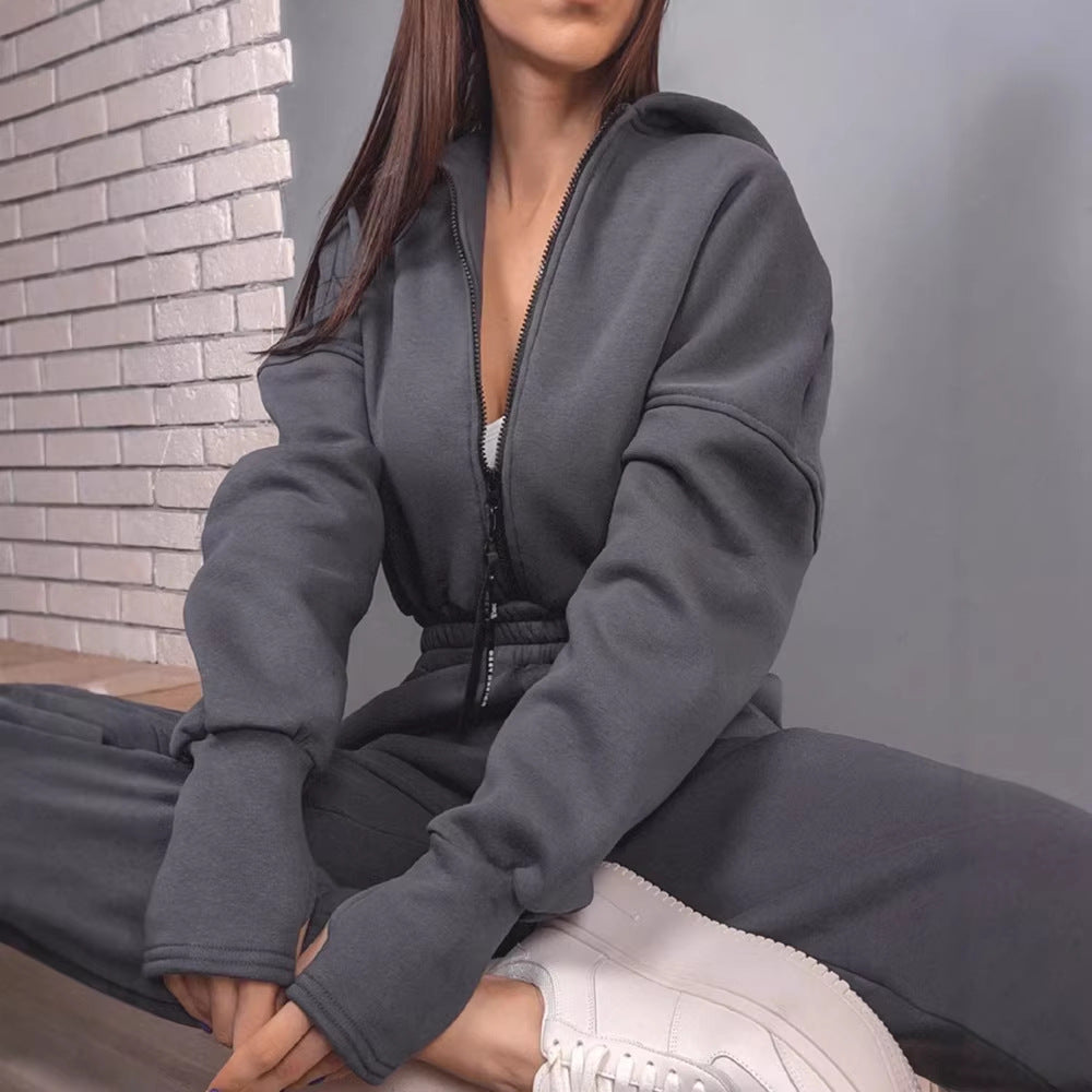 Damen Taillierter Kapuzen-Sweat-Jumpsuit mit Reißverschluss und elastischem Taillenbund – Solévia