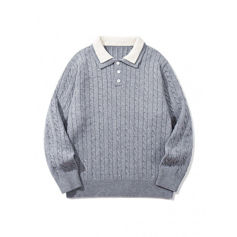 Herren Grobgestrickter Polokragen-Pullover mit Zopfmuster und Knopfleiste Echo Archiv