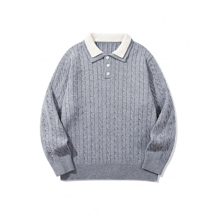 Herren Grobgestrickter Polokragen-Pullover mit Zopfmuster und Knopfleiste Echo Archiv