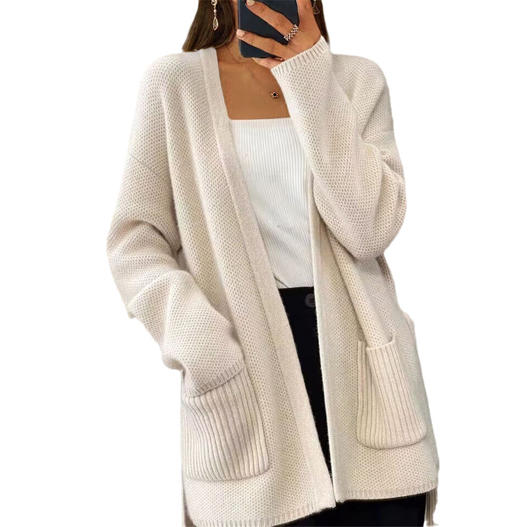 Damen nan lange Strickjacke mit Bindegürtel, aufgesetzten Rippentaschen und lockerem Waffelstrick Echo Archiv