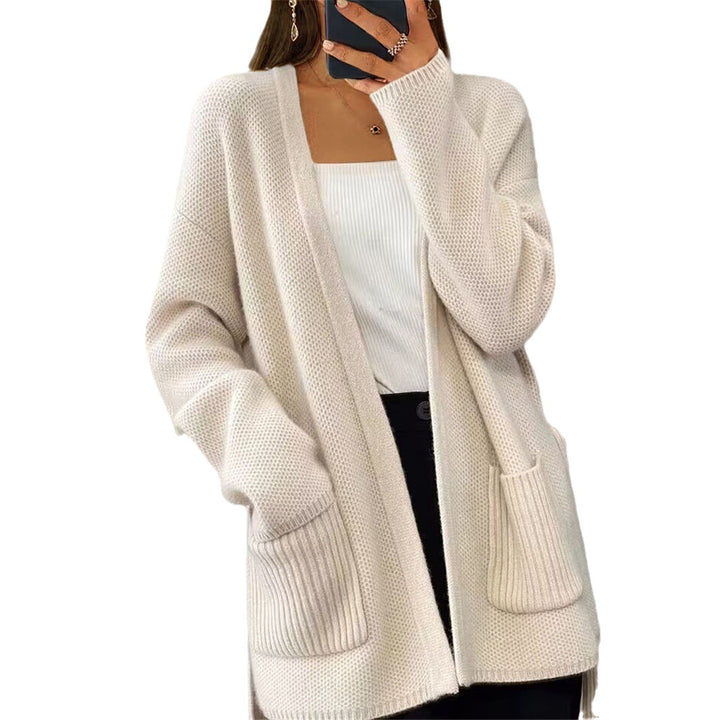 Damen nan lange Strickjacke mit Bindegürtel, aufgesetzten Rippentaschen und lockerem Waffelstrick Echo Archiv