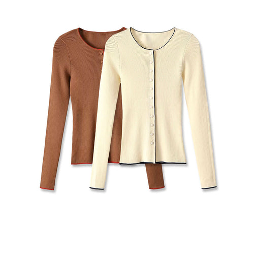 Damen Feinripp-Cardigan mit verdeckter Knopfleiste und Kontrastkante Echoarchiv