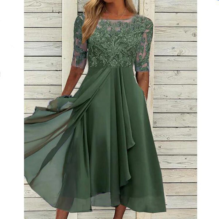 Damen elegantes Chiffon-Spitzenkleid mit Vokuhila-Überwurf und dreiviertelärmeln – Élara