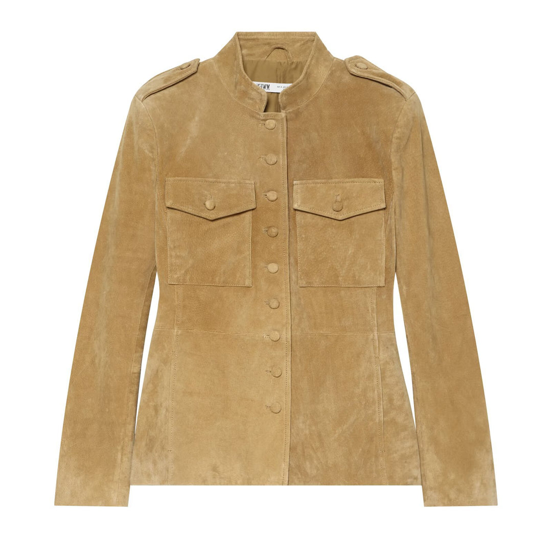 Damen Taillierte Wildlederjacke mit Stehkragen, Pattentaschen und Schulterklappen Echo Archiv