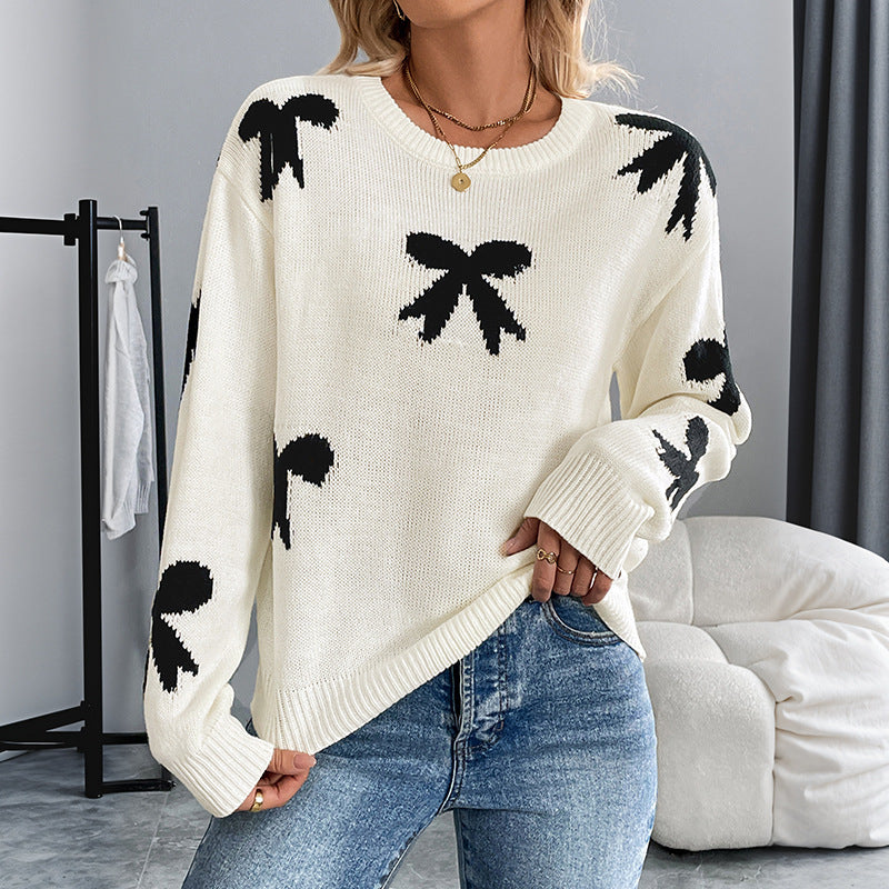 Damen Feinstrick-Pullover mit Schleifen-Jacquard, Rundhalsausschnitt und gerippten Bündchen – Mavelle