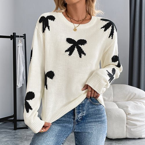Damen Feinstrick-Pullover mit Schleifen-Jacquard, Rundhalsausschnitt und gerippten Bündchen – Mavelle